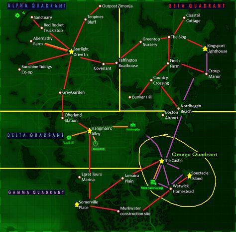 Legend: Star = Capitol Yellow line = Borders Red line = Supply line/Travel route Orange line = Trade route Purple line = Swim route I have the map split up into four major quadrants and a single minor one. Each Quadrant has its own Capitol, the most built up settlement in the area with mass … Fallout 4 Locations, Fallout 4 Map, Fallout 4 Settlement, Fallout 4 Secrets, Fallout 4 Tips, Fallout Facts, Fallout Settlement, Powered Armor, Fallout 4 Settlement Ideas