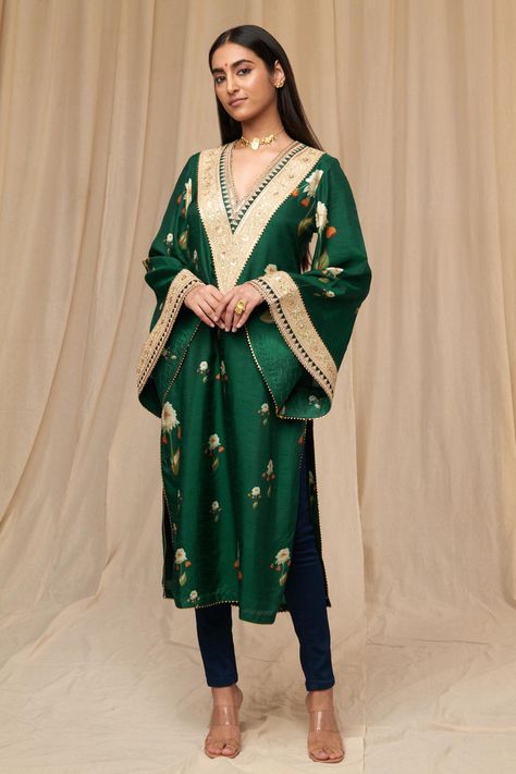 Buy Masaba Green Raw Silk Buttercup Flower Print Kurta Online | Aza Fashions Raw Silk Kurta, Cotton Suit Designs, Cutwork Lace, Caribbean Fashion, Buttercup Flower, Designer Kurtis, Silk Kurta, Green Fits, Lakme Fashion Week