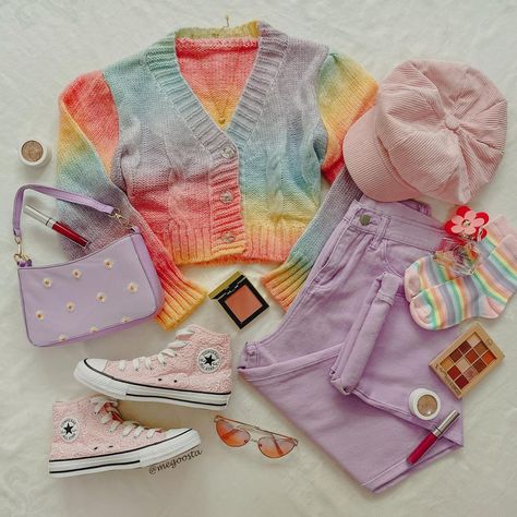 Thrift Outfits Ideas, Rainbows And Sunshine, Bright Colored Outfits, Cottagecore Clothes, Rainbow Outfit, Pastel Outfit, Bright Fashion, Kawaii Fashion Outfits, Aesthetic Clothing