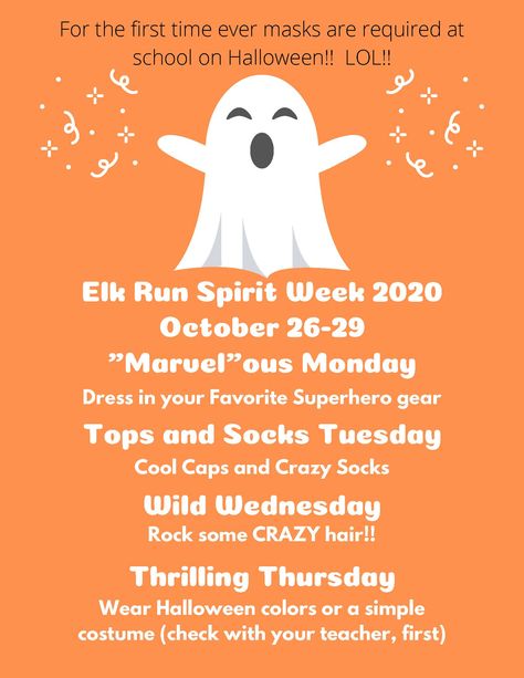 Spirit Week October Spirit Week Ideas, Halloween Spirit Week Ideas, Spirit Week Ideas, Spirit Day Ideas, School Spirit Week, Spirit Board, School Administration, Easy Costumes, Spirit Week