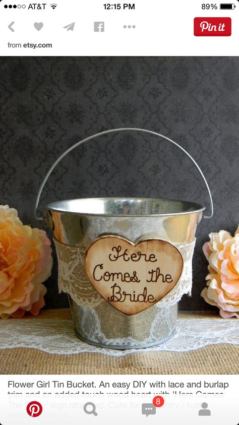 Heather's petal basket Burlap Wedding Decorations, Rustic Burlap Wedding, Bride Sign, Tin Bucket, Country Chic Wedding, Burlap Lace, Burlap Wedding, Future Mrs, Cute Wedding Ideas