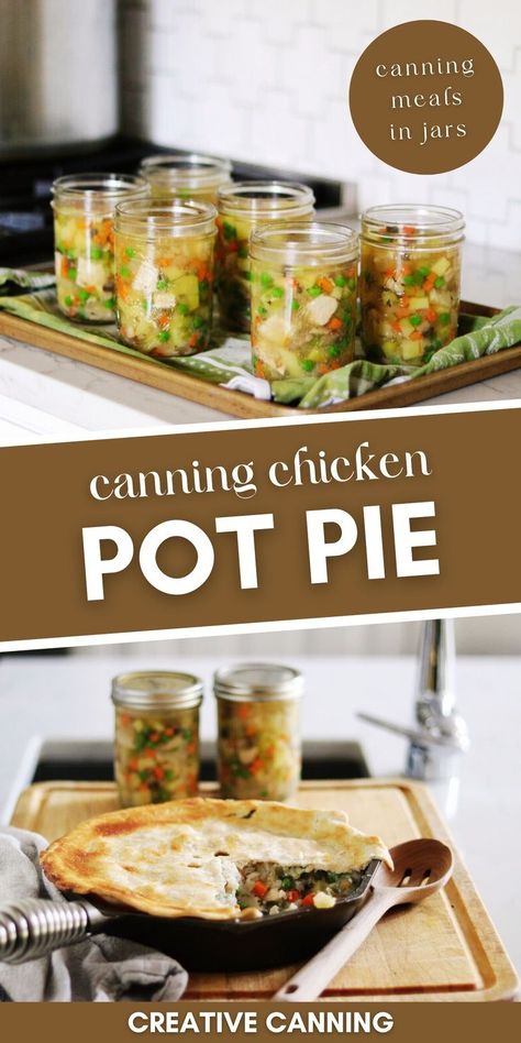 Canning Chicken Pot Pie Filling: Canning Meals in Jars - Ready to put your pressure canner to work and make a delicious homemade chicken pot pie filling? This simple recipe is a great pressure canning for beginners recipe. Not only is it easy, but you’ll also meals in jars that can be serves with biscuits or in your favorite pie crust. You're going to love this meal canning recipe. Best Things To Can For Beginners, Can Chicken Pot Pie Recipe, How To Can Chicken Soup, Chicken Pot Pie Canning Recipe, Pressure Canning Chicken Pot Pie Filling, Canned Chicken Pot Pie Filling, Canning Chicken Meals In A Jar, Pressure Canner Recipes Meals, Meal Canning Recipes