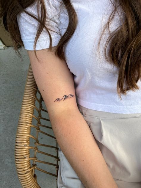 Mountain Tattoo Inside Arm, Mountain Tattoo Above Elbow, Pnw Mountain Tattoo, White Mountains Tattoo, 3 Peak Mountain Tattoo, Blue Ridge Tattoo, Mountain Tattoo Bicep, Simple Mountain Tattoos For Women, Mountain Tattoo Fine Line