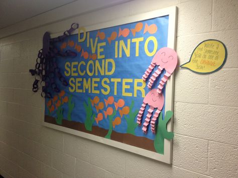 Dive into second semester RA bulletin board Second Semester Bulletin Boards, Resource Bulletin Board Ideas, Ra Bulletin Boards Spring Semester, Spring Semester Bulletin Boards, Resource Bulletin Board, Easy Bulletin Board Ideas, Easy Bulletin Board, Easy Bulletin Boards, Elementary Bulletin Boards