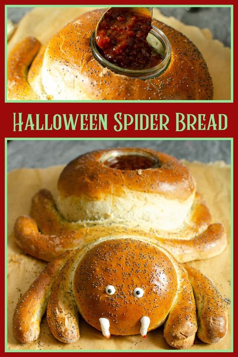 Halloween Spider Bread Great treat for Halloween, try out our Halloween Spider Bread for your spooky party. With a cut out in the back to be filled with your choice of dip. #halloween #halloweenfood #spooky #recipe #bread #breadrecipes Spider Bread, Cute Halloween Spider, Recipe Bread, Kids Halloween Party, Red Couch, Spooky Party, Parchment Paper Baking, Halloween Baking, Halloween Recipe