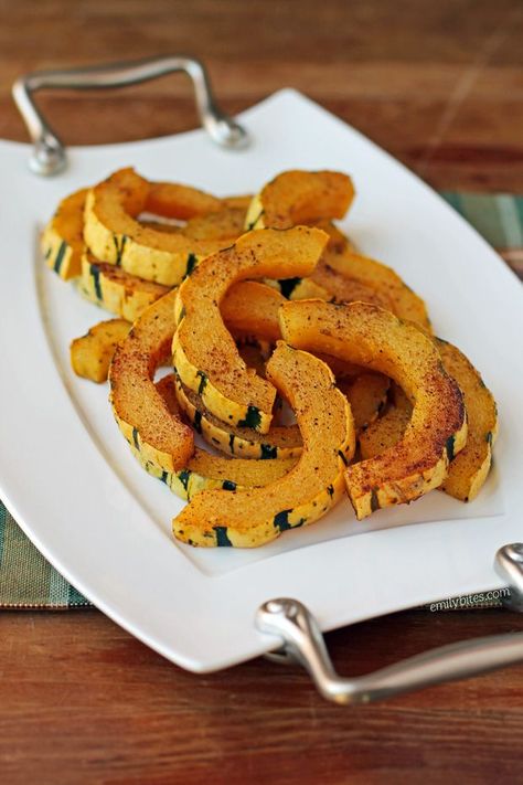 Roasted Delicata Squash - 1 sp / 1/4 of recipe Fried Delicata Squash, Salad For Thanksgiving, Emily Bites, Squash Fries, Roasted Delicata Squash, Super Recipes, The Perfect Salad, Lunch Sides, Kale Quinoa