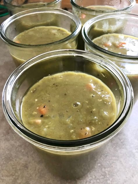 Canning Split Pea And Ham Soup, Pressure Canner Recipes, Split Pea And Ham Soup, Weck Jars, Pea And Ham Soup, Carrot Greens, Ham Soup, Water Bath Canning, Pressure Canner