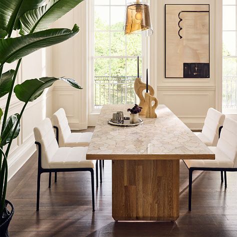 Modern Dining Tables, Contemporary Kitchen Tables & Bistro Tables | CB2 Cb2 Dining Table, Cb2 Dining, Black Metal Dining Chairs, Dining Room Inspo, Gianfranco Frattini, Gold Dining Chairs, Chic Dining Room, Gold Dining, Dining Room Arm Chairs