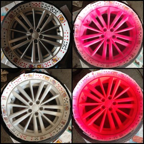 Using Plasti Dip to color rims. Plasti Dip Car, Dipped Furniture, Jeep Rims, Pink Tools, Pink Jeep, Pink Rims, Girly Car Accessories, Vehicle Care, Girly Car