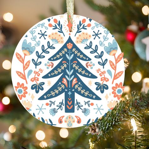 Scandinavian folk art Christmas tree round ceramic ornament. This ornament brings a cozy and festive vibe to your Christmas tree, perfect for those who love traditional holiday decor. Ideal for Christmas celebrations and as a stocking stuffer. Product features - Vibrant colors with latest printing techniques - Solid one-piece construction for durability - Glossy finish for a polished look - Available in 4 shapes - Snowflake, Star, Heart, and Circle - Hole and gold-toned hanging string included C Nordic Christmas Pattern, Folk Christmas Tree, Folk Christmas Decorations, Scandinavian Folk Art Christmas, Christmas Decorations Drawings, Scandi Folk Art, Folk Christmas, Scandinavian Christmas Ornaments, Christmas Folk Art