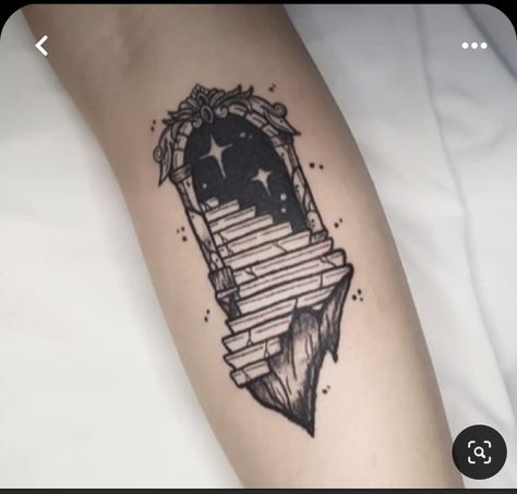 Window To The Soul Tattoo, Door Tattoo Traditional, Gothic Door Tattoo, Fantasy Window Tattoo, Portal Door Tattoo, Path Tattoo Design, Metalcore Tattoo Ideas, Stairway To Nowhere Tattoo, Victorian Style Tattoo Sleeve