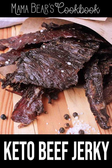 Not just your average dried meat, this delicious Keto Beef Jerky is sugar free, smokey, chewy, salty and totally easy to make at home! Perfect for road trips or easy keto friendly snacking! #keto #lowcarb #sugarfree #meat #jerky #mamabearscookbook Sugar Free Beef Jerky Recipe, Keto Jerky Recipe, Keto Beef Jerky Recipe, Jerky Marinade Recipes, Beef Jerky Recipe Dehydrator, Beef Jerky Marinade, Jerky Recipes Dehydrator, Jerkey Recipes, Smoked Jerky