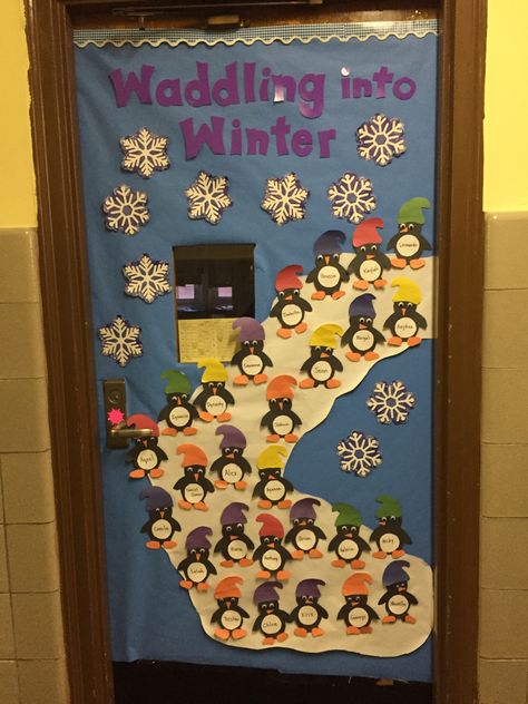 Waddling into winter door Classroom Door Design, January Door Decorations, Winter Door Decorations Classroom, Winter Classroom Door, Classroom Door Decorating, Chillin With My Snowmies, Christmas Doors, Kindergarten Decorations, Christmas Classroom Door