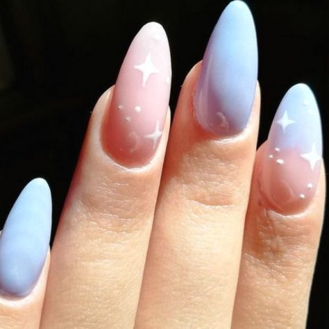 Light Pink And Blue Nail Design, Almond Nails Blue And Pink, Pink And Sky Blue Nails, Baby Pink Almond Nails Design, Almond Nails Sky Blue, Pastel Sky Nails, Light Blue Ombre Nails Almond, Light Blue Nails With Stars, Pastel Blue Nails Almond