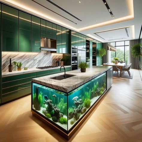 Aquarium Kitchen Islands - Elevate Your Living Space 🐠🍽️🏝️ Transform your kitchen into an underwater paradise with the Aquarium Kitchen Island. This unique centerpiece combines functionality with mesmerizing aquatic beauty, offering a delightful culinary experience. Elevate your cooking space with the Aquarium Kitchen Island, where every meal prep becomes a dive into oceanic splendor. 🌊🍳✨ https://luxarts.net/aquarium-kitchen-island/ Old Kitchen Design, Aquarium Kitchen, Aqua Inspiration, Aquarium Architecture, Custom Aquarium, Unique Kitchen Design, Glass Countertops, Minimalist Layout, Marine Ecosystem