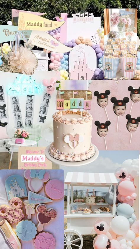 Planning my daughters bday this year Disneyland 1st Birthday Theme, Disneyland 2nd Birthday Theme, Disneyland First Birthday Party, Disneyworld Birthday Party, First Birthday At Disneyland, Disney 1st Birthday Girl, Disney World Party Theme, Disneyland Second Birthday, Disneyland Themed Birthday Party