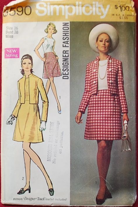 Simplicity 8590; ©1969; Misses' Dress and Jacket ... Designer Fashion: (Including "Designer Touch" Leaflet..."Inside Pockets"). The lined, dress and jacket V. 1 & 2 feature princess seaming. The sleeveless and collarless dress has skirt with soft pleats stitched to bodice slightly above normal waistline, back zipper, high round neckline, forward shoulder seams and pockets concealed in side front seams. Dress V. 1 has contrasting bodice. The jacket V. 1 & 2 have "stand-up" collar, long set-in sle Dress And Jacket, Costume Patterns, Curvy Girl Fashion, Vintage Sewing Patterns, Top Pattern, Dress Pattern, Flare Skirt, Vintage Sewing, Vintage Patterns