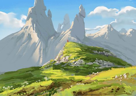 ArtStation - Red man Environment Concept Art Mountains, Grassy Plains Concept Art, Mountain Top Illustration, Fantasy Mountain Art, Mountains Concept Art, Village On Mountain, Mountain Background Landscape, Mountain Concept Art, Digital Painting Landscape