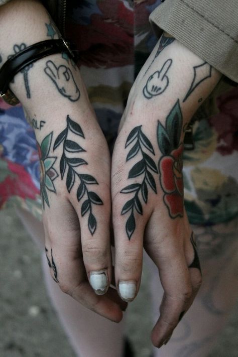 FYeahTattoos.com : Photo Traditional Hand Tattoo, Thumb Tattoos, Branches With Leaves, Leaves Tattoo, Branch Tattoo, Traditional Tattoo Sleeve, Disney Tattoo, Knee Tattoo, E Tattoo