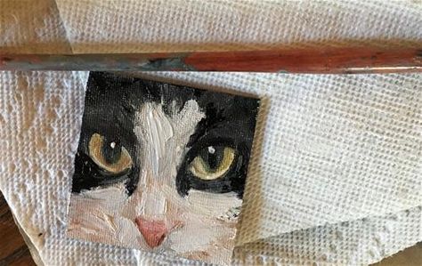 Cat Canvas Art, Tiny Cat Painting, Cat Mini Painting, Mini Cat Painting, Painting Ideas Cat, Mini Paintings Ideas, Cat Painting Easy, Cat Painting Acrylic, Tuxedo Cat Painting