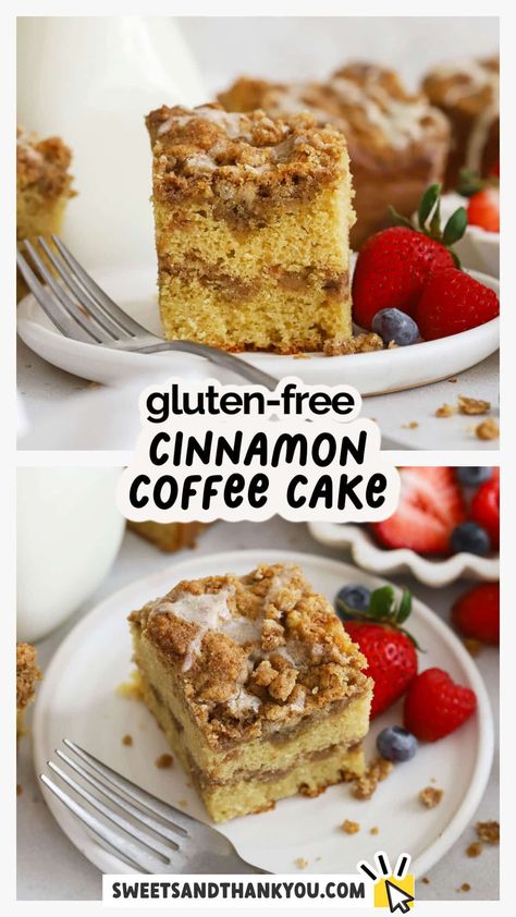 Our Gluten-Free Cinnamon Coffee Cake recipe has all the classic flavor you love, simply made gluten-free! This gluten-free crumb cake might just become your new favorite holiday breakfast. We combine fluffy, buttery vanilla cake with two layers of brown sugar cinnamon streusel topping for a delicious special occasion breakfast treat your whole family will love. Get the recipe at sweetsandthankyou.com Coffee Cake Recipes Gluten Free, Gf Coffee Cake Recipes, Gluten Free Crumb Cake, Gluten Free Cinnamon Coffee Cake, Gf Coffee Cake, Gluten Free Coffee Cake Recipe, Chinoiserie Diy, Gluten Free Overnight Oats, Gluten Free French Toast