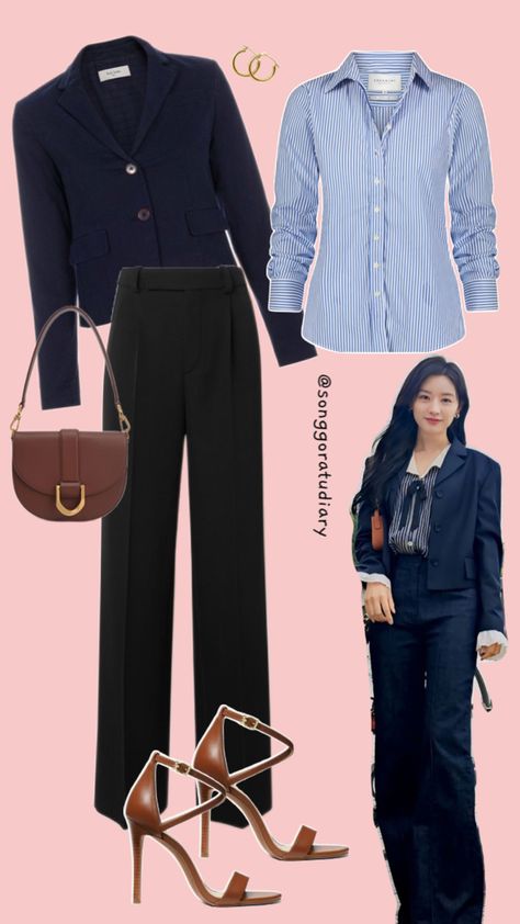 Hong Hae In Kim Ji Won Queen of Tears KDrama Inspired Outfit Casual Crop Blazer Stripe Shirt OOTD Shirt Ootd, Meeting Outfit, Mood Clothes, Cute Dress Outfits, Fashion Drawing Dresses, B Fashion, Kim Ji Won, Crop Blazer, Stripe Shirt