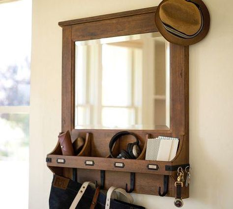 Mirrors - Chester Entryway Organizer | Pottery Barn - entryway organizer, entryway mirror, entryway mirror with hooks, Pottery Barn Entryway, Entryway Mirror With Hooks, License Plate Decor, Entryway Organizer, Entryway Mirror, Mirror With Hooks, Entryway Organization, Mirror With Shelf, House Entrance