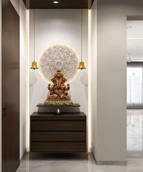 Designs by Interior Designer ACE Solution, Indore | Kolo Morden Pooja Room, Temple Home Puja Room, Office Pooja Room, Office Pooja Unit, Mandir In Living Room, Modern Pooja Room Design, Latest Pooja Room Designs, Buddha Room, Mandir Ideas