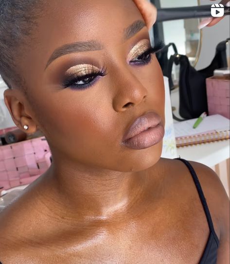 Champagne Makeup Look, Champagne Makeup, Champagne Eyeshadow, Prom Eye Makeup, Eye Makeup Techniques, Full Face Makeup, Dark Makeup, Dark Skin Makeup, Makeup For Black Women