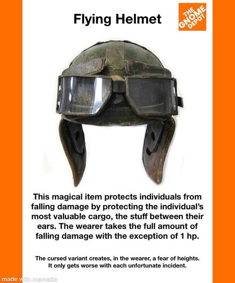 TheGnomeDepot on Twitter: "Flying Helmet #gnomedepot #DnD https://t.co/4idWclkscj" / Twitter Armor Dnd, Wizard Games, Dnd Stories, Dnd Items, Dungeons And Dragons 5e, D D Items, Dnd Funny, Dnd Ideas, Dnd Stuff