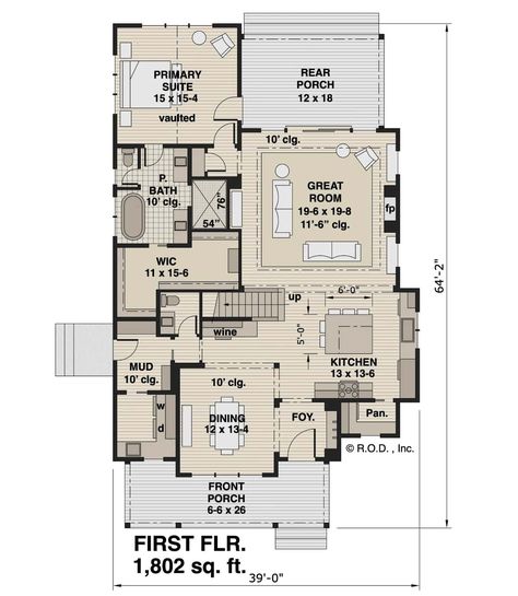 Main level floor plan of a traditional two-story 3-bedroom Front Light 8 farmhouse with foyer, dining room, great room, primary suite, mudroom, and covered porches. One Story Floor Plans, Bonus Room Floor Plan, Room Floor Plan, Foyer Dining Room, Open Living Space, Covered Porches, Mudroom Laundry Room, Primary Suite, Bedroom Rugs