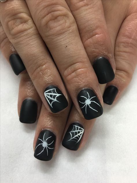 Matte Black Halloween spider & web with hidden glow in the dark spooky wording Gel Nails Black Spooky Nails Short, Black White Gel Nails, Black Halloween Nails Spider Webs, Spooky Nails Short Square, Black Nails With White Spider Web, Easy Black Halloween Nails, Spiderweb Nails Short, Black Nails Spider, Short Black Halloween Nails