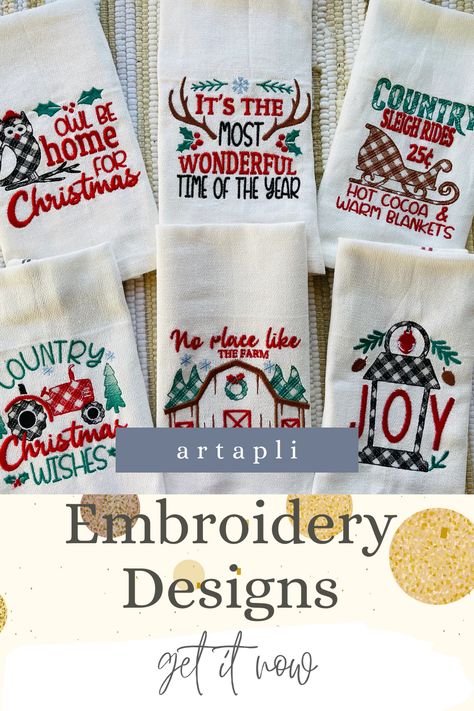 Christmas Machine Embroidery Ideas, Dish Towel Embroidery, Towel Embroidery Designs, Embroidery Napkins, Cocoa Christmas, Ideas Embroidery, Towel Embroidery, Needlepoint Christmas, Christmas Kitchen Towels