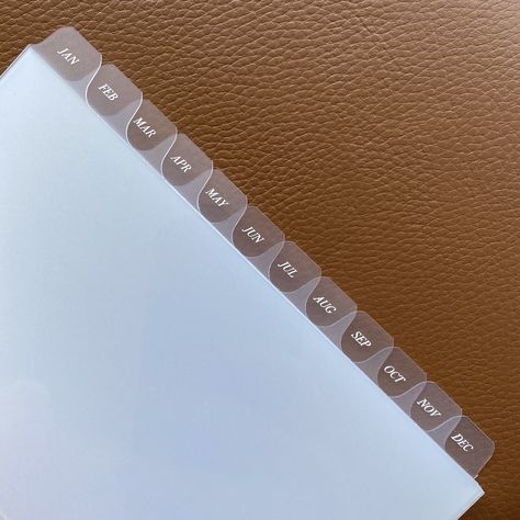 Monthly Side Tab Planner Dividers | Glass Plastic | White Foil | Cloth and Paper Leather Agenda, Transparent Sticky Notes, White Foil, Planner Setup, Planner Dividers, Leather Planner, Blue Peonies, Pocket Planner, Writing Accessories