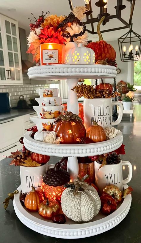 Fall Tray Decor, Fall Tray, Fall Tiered Tray Decor, Orange Decor, Wooden Pumpkins, Fall Deco, Fall Thanksgiving Decor, Tiered Trays, White Pumpkins