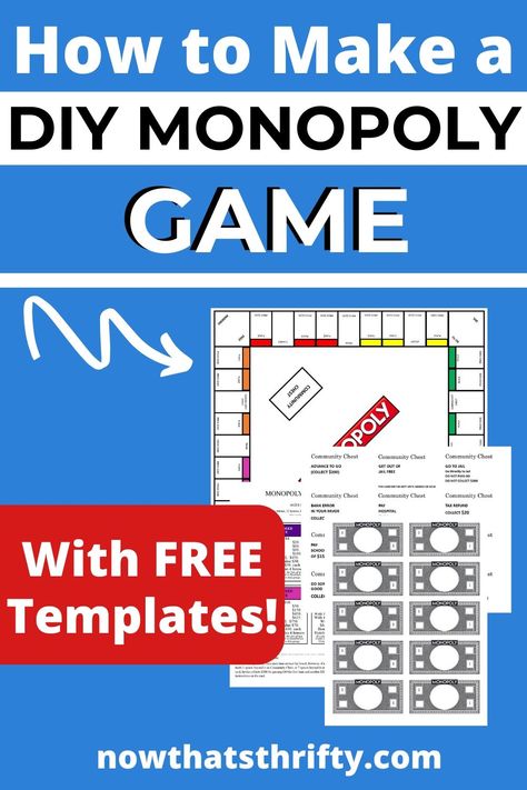 Do you want to create your own DIY Monopoly game? Learn how to make a DIY Monopoly game with our free templates and easy tutorial. #diygames #diymonopoly Diy Monopoly Board Free Printable, Monopoly Template Free Printable, Monopoly Diy Free Printable, Monopoly Savings Challenge, Monopoly Printable Templates, Diy Monopoly Board Ideas, Diy Monopoly Board, Monopoly Printable, Monopoly Classroom