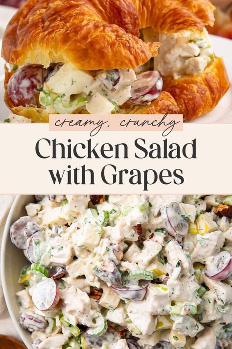 This is the ultimate chicken salad with grapes! Positively packed with flavor, thanks to red grapes, celery, green apple, green onion, and toasted pecans, this is the last chicken salad recipe you'll ever need. Quick and easy to make, it's perfect for entertaining, like for potlucks, brunches, or showers. Rotisserie Chicken Salad With Grapes, Leftover Rotisserie Chicken Salad, Fancy Chicken Salad, Chicken Salad Rolls, Chicken Salad Croissant Sandwich, Rotisserie Chicken Salad Recipe, Chicken Salad Recipe With Grapes, Sour Cream Dressing, Homemade Chicken Salad