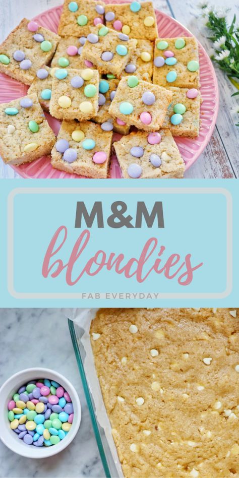 Are wondering how to make blondie brownies? I developed a delicious recipe for M&M blonde brownies for Easter. This soft and buttery blonde brownies recipe is topped with pastel M&M candies, making them an ideal Easter blondies recipe. Though not just for Easter; these M&M Blondies are delicious any time of year! Click or visit FabEveryday.com for the full blondie brownies recipe. Easter Blondie Brownies, Easter Blondies Recipe, Easter Brownie Ideas, Blondie Brownies Recipe, Blonde Brownies Recipe, Easter Blondies, M M Blondies, Blonde Brownie Recipe, Blonde Brownie