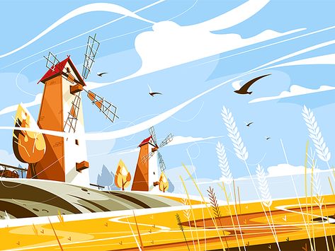 Windmill near wheat field by Anton Fritsler (kit8) for Kit8 on Dribbble 블로그 디자인, Wheat Field, Wheat Fields, Arte Inspo, Landscape Illustration, Environment Design, Environment Concept Art, Flat Illustration, Book Illustration