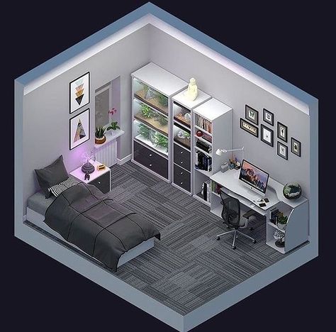 Isometric Bedroom 3d, Isometric Room Design, Isometric Room 3d, Bedroom Isometric, Bedroom 3d Design, Small Gaming Bedroom, 3d Isometric Room, Render Bedroom, Bedroom Rendering