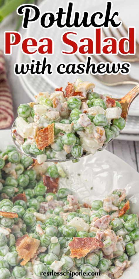 This vintage pea salad recipe is crunchy with cashews and water chestnuts in a creamy dressing.  It's quick and easy to put together and is one of my favorites for potlucks and summer parties. Pea Salad With Cashews, Water Chestnut Recipes, Waterchestnut Recipes, Cold Pea Salad, Crunchy Pea Salad, Salad With Cashews, Nostalgia Food, Pea Salad With Bacon, Blueberry Cobbler Recipes