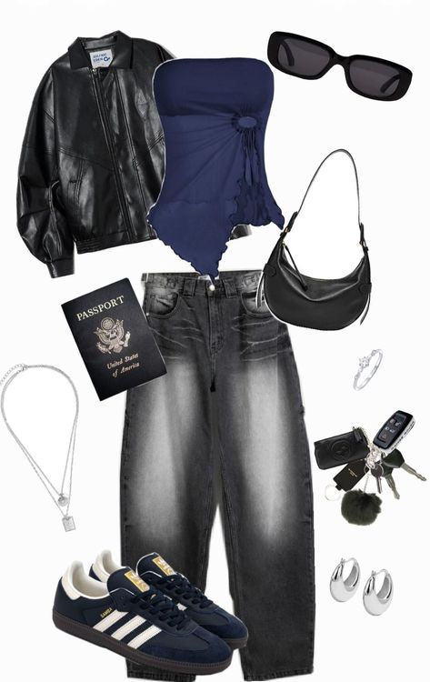 Navy Blue Aesthetic Clothes, Blue Adidas Jacket Outfit, Baggy Jeans Black Outfit, Black And Navy Blue Outfit, White Background Outfit, Navy Blue Aesthetic Outfit, Adidas Samba Navy, Navy Blue Top Outfit, Outfit White Background