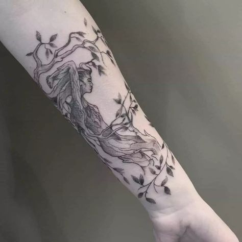 30+ Dryad Tattoos: Origins, Meanings, Common Themes & More Dryad Tattoo, Nature Arm Tattoo, Mother Nature Tattoo, Mystical Nature, Mother Nature Tattoos, Tasteful Tattoos, Plant Tattoo, Upper Arms, Common Themes