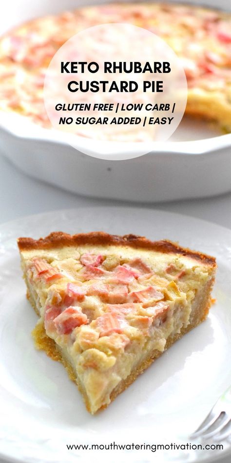 Keto Rhubarb Custard Pie. A delicious, easy keto dessert. This is a great way to use up rhubarb from the garden. It's a perfect time of year for this seasonal vegetable (yes it's a vegetable...though it tastes more like a fruit). The tangy rhubarb compliments the sweet custard filling so well! And the cinnamon almond flour crust is the perfect final touch. Rhubarb Keto, Keto Rhubarb, Rhubarb Custard Pie, Rhubarb Custard Pies, Rhubarb Recipes Pie, Rhubarb Custard, Rhubarb Desserts, Keto Lasagna, Rhubarb And Custard