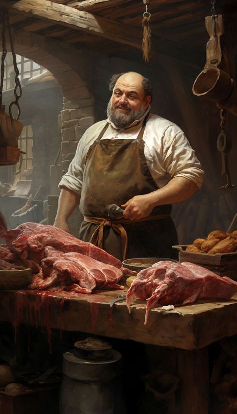 Dnd Butcher, Medieval Character Art, Dnd Npc Art, Rpg Character Art, Medieval Character Design, Npc Rpg, Peasant Art, Npc Ideas, Dnd Npc