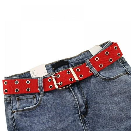 Double Grommet Holes Belt 2-Row Strong Canvas Studded Women Men Belts Waistband Product Description: Gender:Unisex Style:Casual Department Name:Adult Belts Material:Canvas Pattern Type:Solid Belt Length:130cm Belt Width:3.8cm Features: 1.Made of good quality material, Long service life, non-toxic. 2.Soft and comfortable, easy to wear. 3.Metal-made buckle will be textured and durable. 4.Suitable for matching with a dress, skirts, long T-shirts, pant, Jeans coat etc. 5.Nice surprise for your lover Buckles Fashion, Canvas Belt, Red Belt, Casual Belt, Studded Belt, Waist Strap, Wide Belt, Buckle Belt, Harajuku Fashion