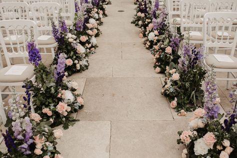 Aisle Wedding Flowers Decor | By Steph Newton Photography | Altar Style | Wedding Flowers | Pink Flowers | Purple Wedding Theme | Floral Arrangements Lilac Wedding Decorations, Aisle Arch, Yolan Cris Wedding Dress, Purple Wedding Ceremony, Aisle Decor Wedding, Wisteria Wedding, Wedding Isles, Arch Decor, Purple Wedding Theme