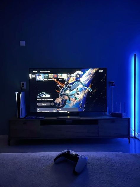 Playstation Tv Setup, Gaming Setup Playstation, Ps5 Gaming Room, Ps5 Aesthetic Setup, Ps5 Setup Living Room, Playstation Room Ideas, Playstation 4 Aesthetic, Ps5 Set Up, Gaming Aesthetic Boy