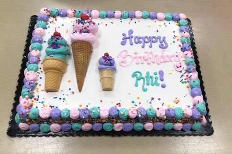 Four Ever Sweet Cake Ideas, Ice Cream Cone Sheet Cake, Fourever Sweet Cake, Sweet One First Birthday Sheet Cake, Ice Cream Theme Sheet Cake, Four Ever Sweet Birthday Cake, Ice Cream Decorated Cake, Sixth Birthday Cake, Candy Theme Cake