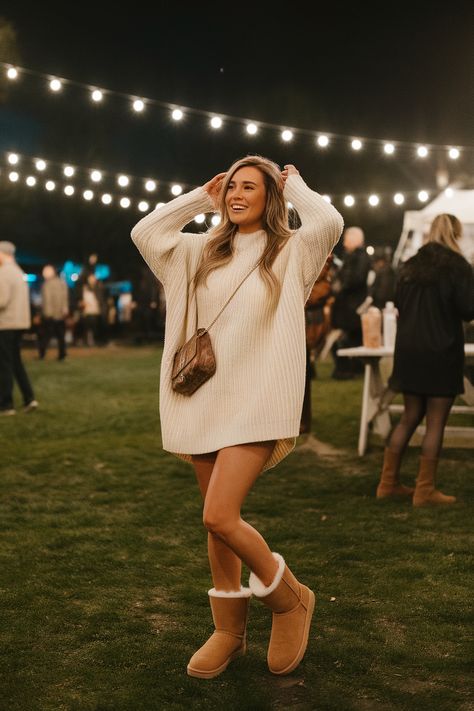 Oversized cream sweater dress paired with tan Ugg boots, offering a cozy and casual NYE outfit. Cozy New Years Eve Outfit, Cream Sweater Dress Outfit, Nye Outfit Ideas, Cream Sweater Dress, Sweater Dress Outfit, Nye Outfits, Glamorous Party, Eve Outfit, Sparks Joy